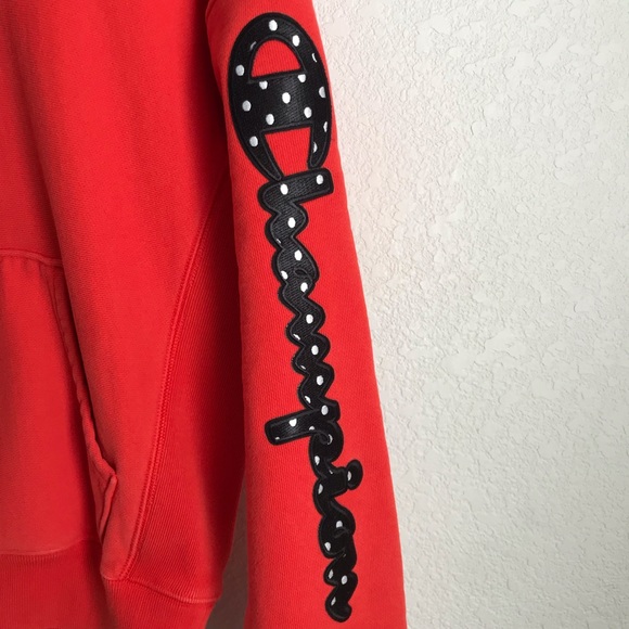 Champion Reverse Weave Polka Dot Spell Out Hoodie Orange Red Sweatshirt - Picture 3 of 7